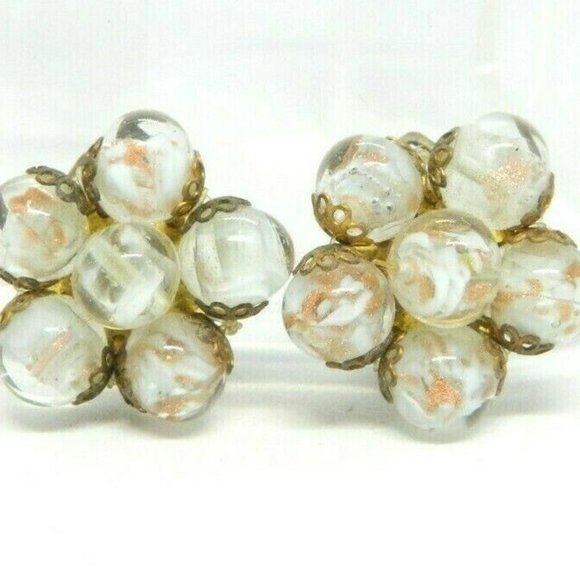 Italy Jewelry - Gold White Clear Art Glass Bead Beaded Cluster
